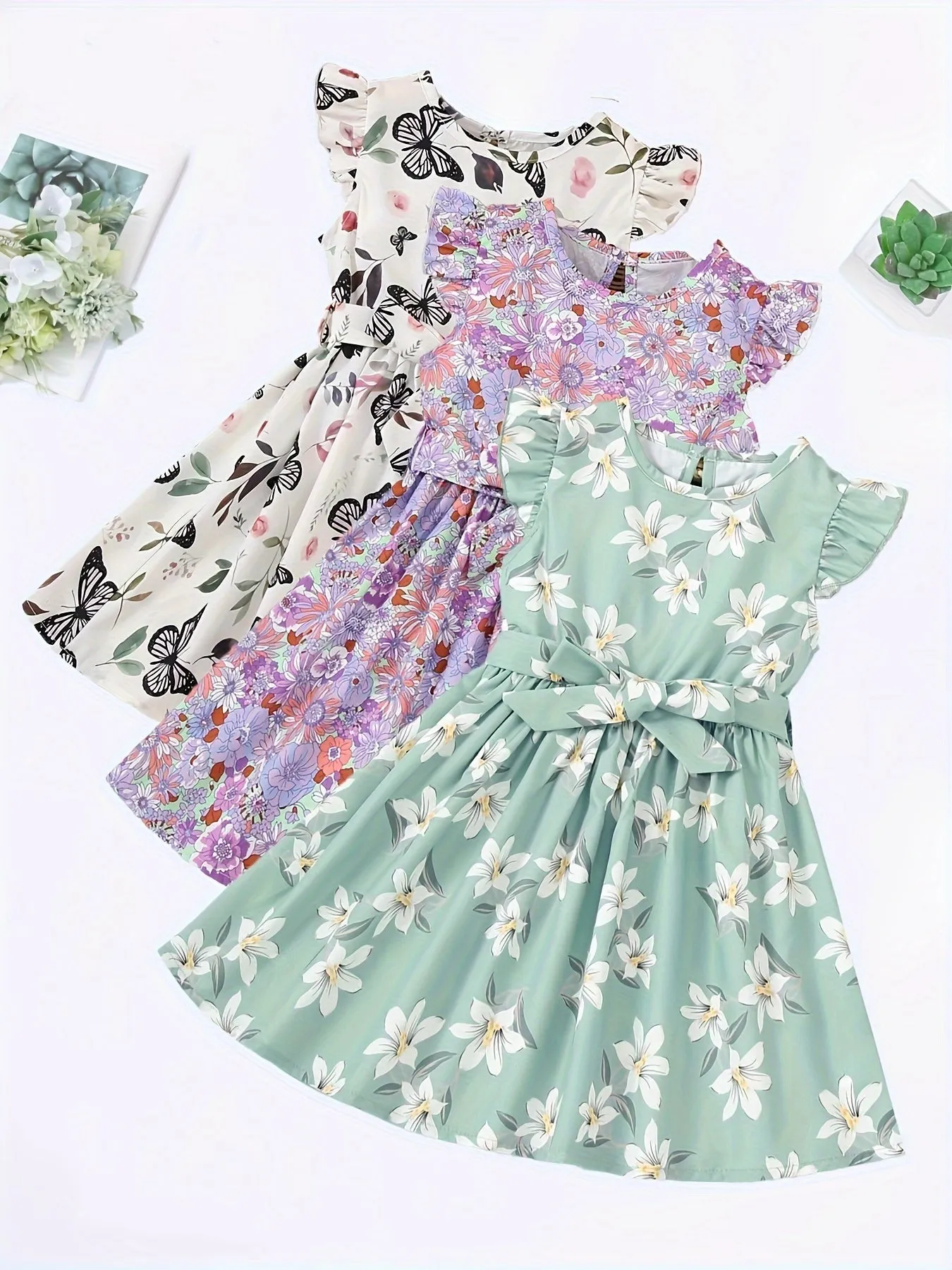 3pcs Little Princess Butterfly Floral Ruffle Trim Dresses - Adorable Belted Casual Summer Dresses for Girls - Polyester Non-Stretch Fabric, A-Line Fit, Perfect for Holiday Gift Party