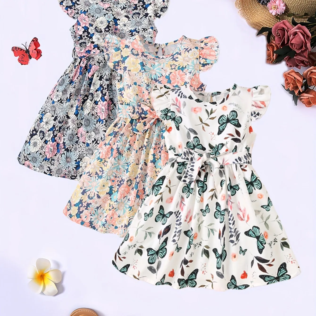 3pcs Little Princess Butterfly Floral Ruffle Trim Dresses - Adorable Belted Casual Summer Dresses for Girls - Polyester Non-Stretch Fabric, A-Line Fit, Perfect for Holiday Gift Party