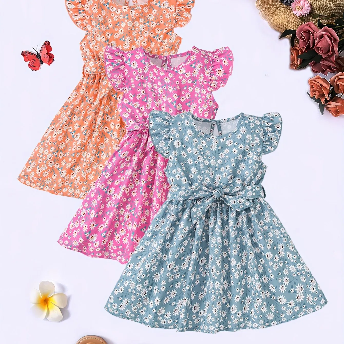 3pcs Little Princess Butterfly Floral Ruffle Trim Dresses - Adorable Belted Casual Summer Dresses for Girls - Polyester Non-Stretch Fabric, A-Line Fit, Perfect for Holiday Gift Party