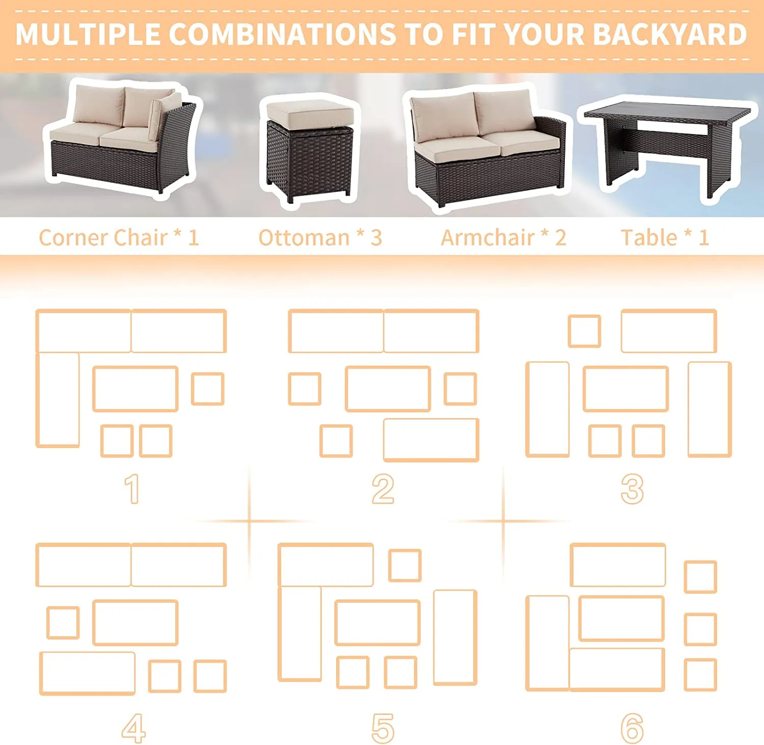 7 Pieces Patio Furniture Set, Outdoor Sectional Dining Sofa Set with Table & 3 Ottomans (Khaki)