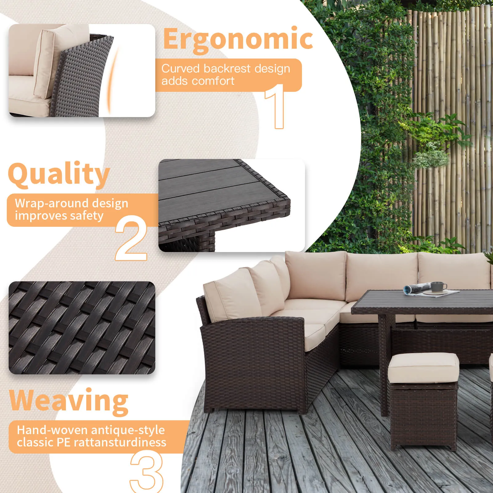 7 Pieces Patio Furniture Set, Outdoor Sectional Dining Sofa Set with Table & 3 Ottomans (Khaki)