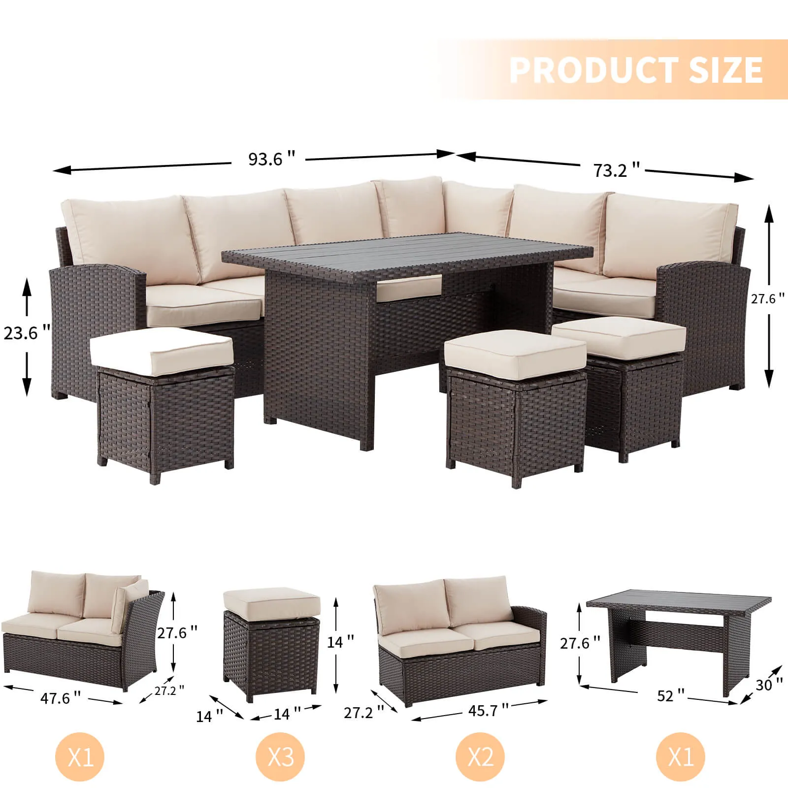 7 Pieces Patio Furniture Set, Outdoor Sectional Dining Sofa Set with Table & 3 Ottomans (Khaki)