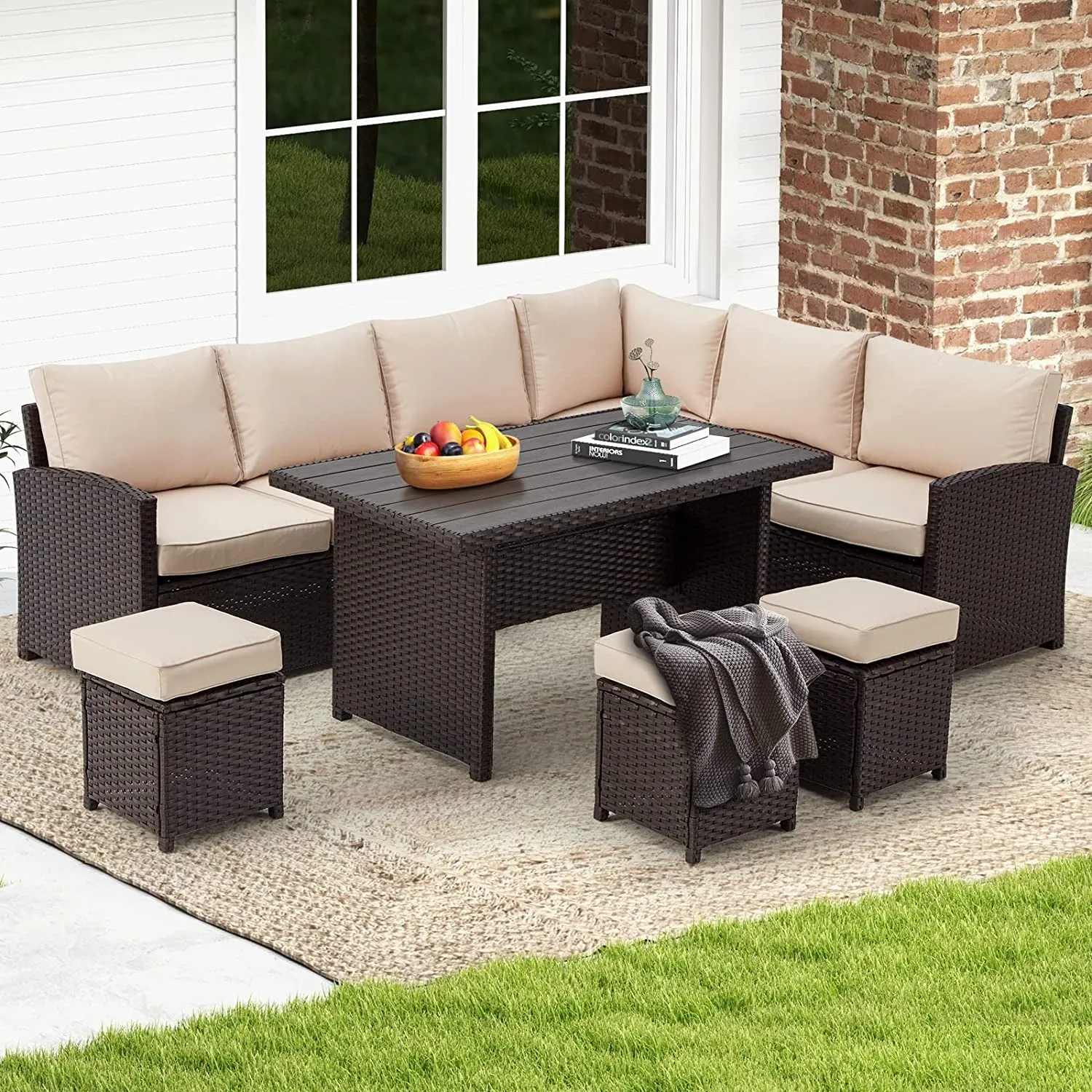 7 Pieces Patio Furniture Set, Outdoor Sectional Dining Sofa Set with Table & 3 Ottomans (Khaki)