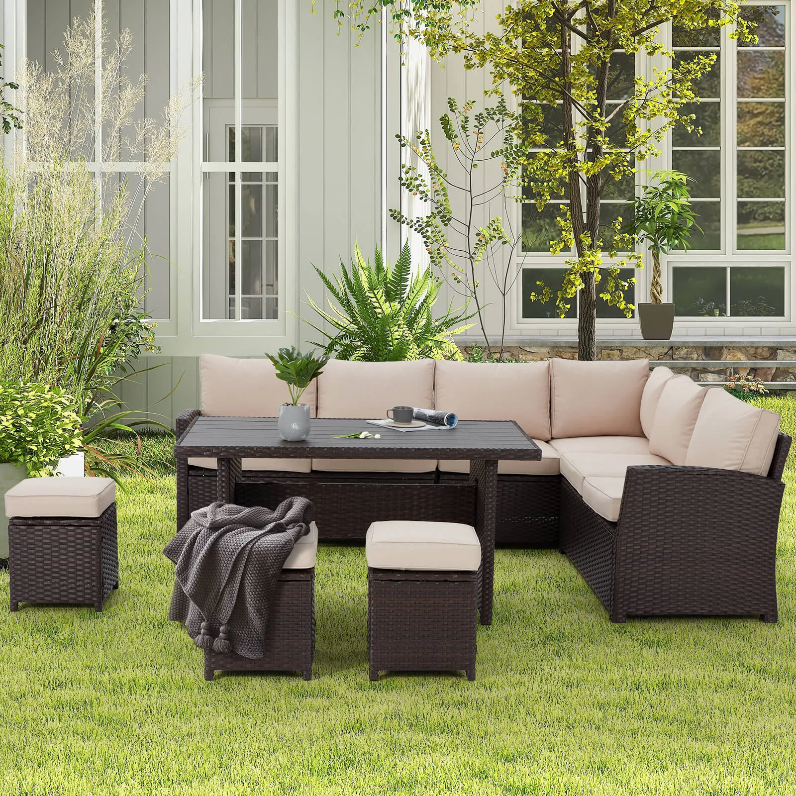 7 Pieces Patio Furniture Set, Outdoor Sectional Dining Sofa Set with Table & 3 Ottomans (Khaki)