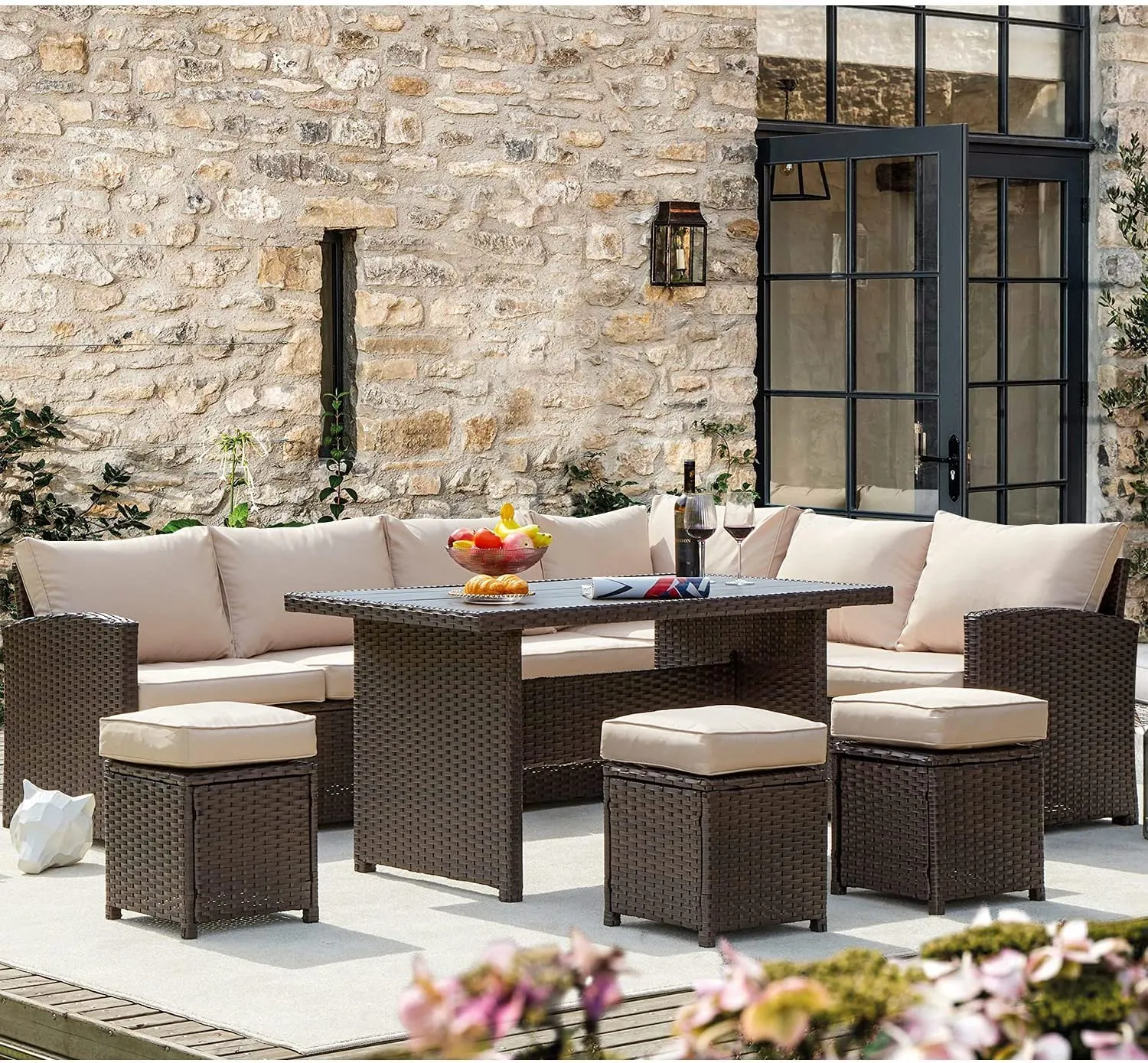 7 Pieces Patio Furniture Set, Outdoor Sectional Dining Sofa Set with Table & 3 Ottomans (Khaki)