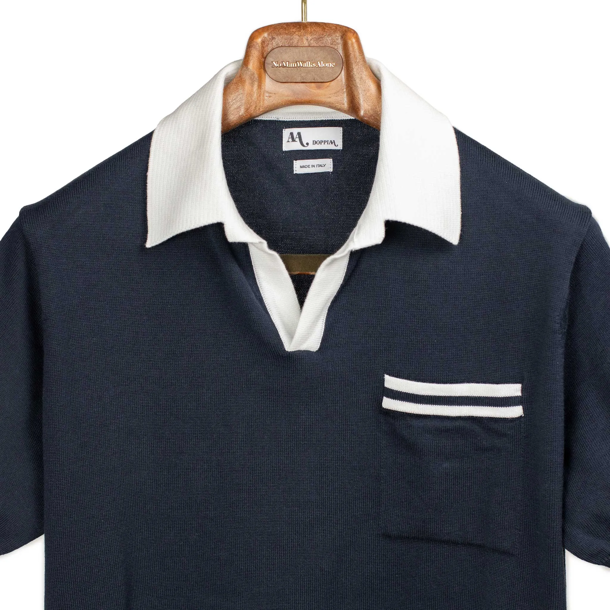 Aavio knit short sleeve polo in navy cotton with cream stripes