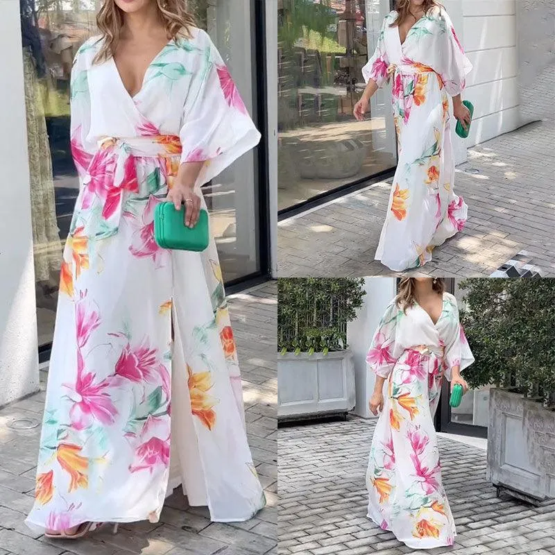 Batwing Sleeve Lace Printing Loose Dress Women