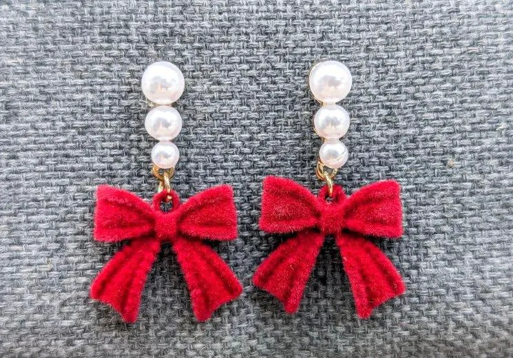 Beautiful Red Bow and Pearl Earrings