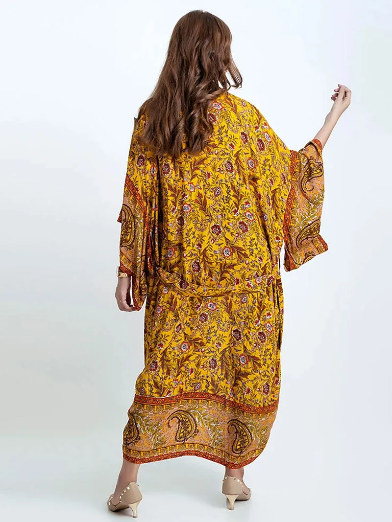 Bridal Party Wear Floral Print Yellow Cotton Long Kimono Dressing Gown