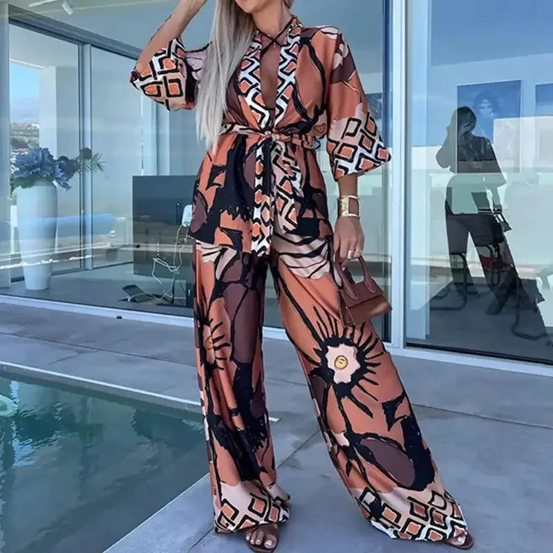 Casual Effortless Elegance Printed Shirt Pants Set