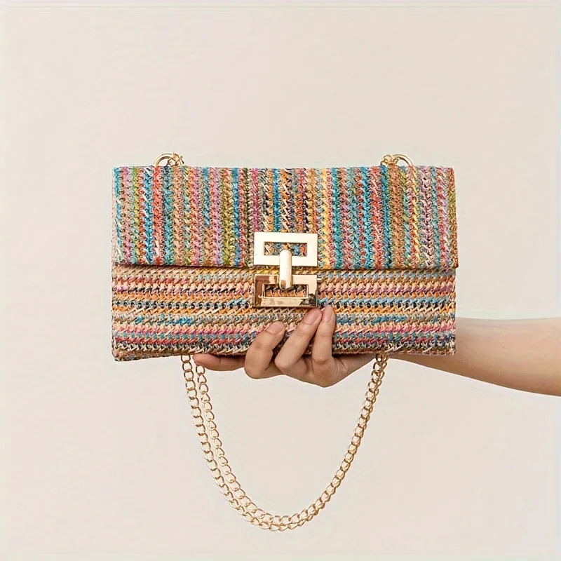 Chic Bohemian & Striped Braided Shoulder Bag - Secure Kiss Lock, Holiday Themed, Polyester Lined, Travel-Ready for Women