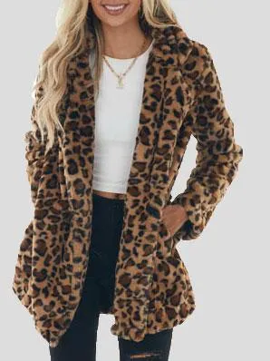 Coats Fashion Leopard Pocket Plush Coat for Women