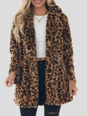 Coats Fashion Leopard Pocket Plush Coat for Women