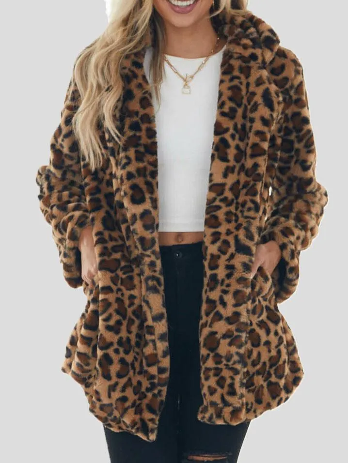 Coats Fashion Leopard Pocket Plush Coat for Women