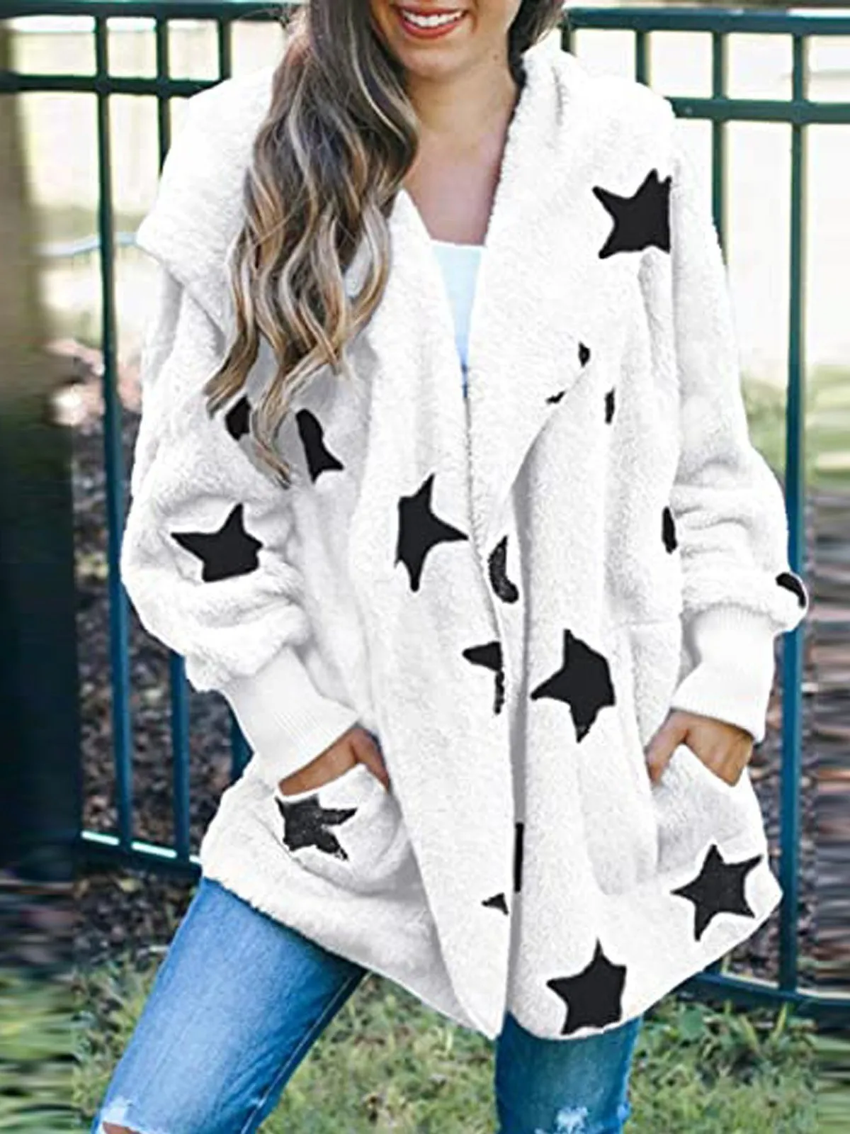 Coats Five-Pointed Star Plush Pocket Hooded Coat for Women