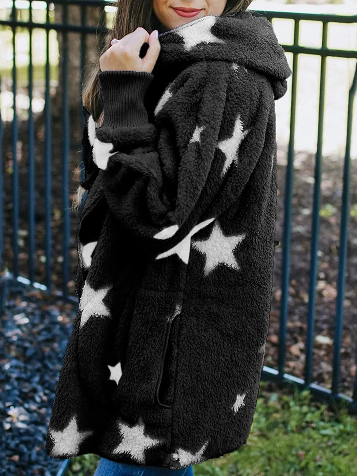 Coats Five-Pointed Star Plush Pocket Hooded Coat for Women