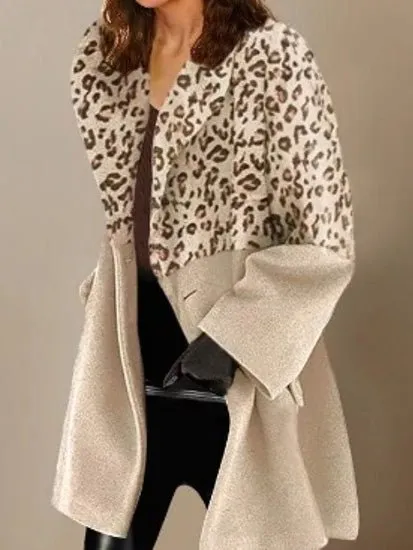 Coats Leopard Panel Lapel Long Sleeve Coat for Women