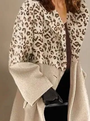 Coats Leopard Panel Lapel Long Sleeve Coat for Women