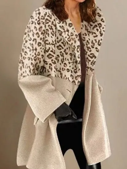 Coats Leopard Panel Lapel Long Sleeve Coat for Women