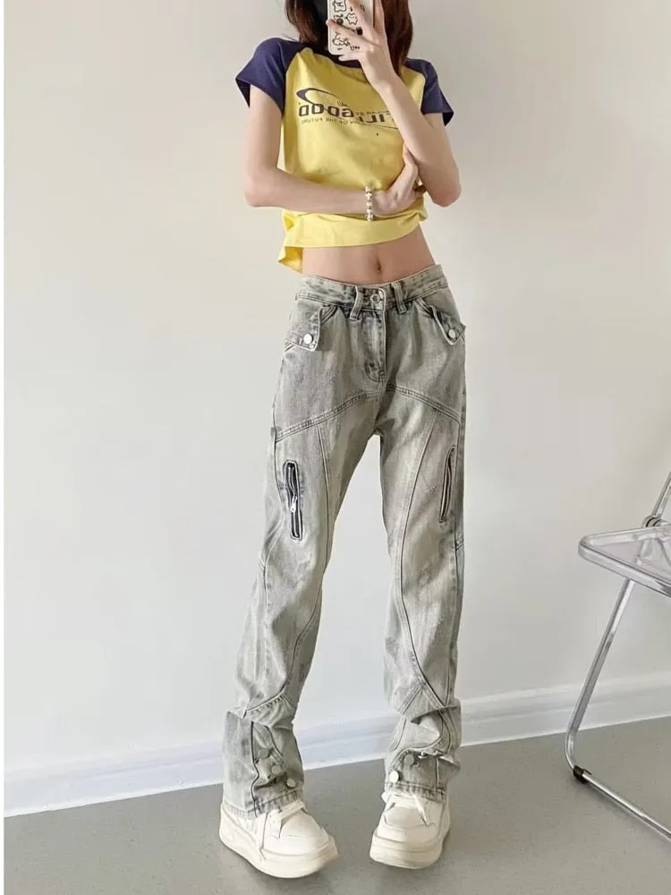 deanwangkt Yellow Mud Color Street Zippered Jeans  Women's High Street Trendy Straight Leg Pants  Slimming Micro Flared Pants