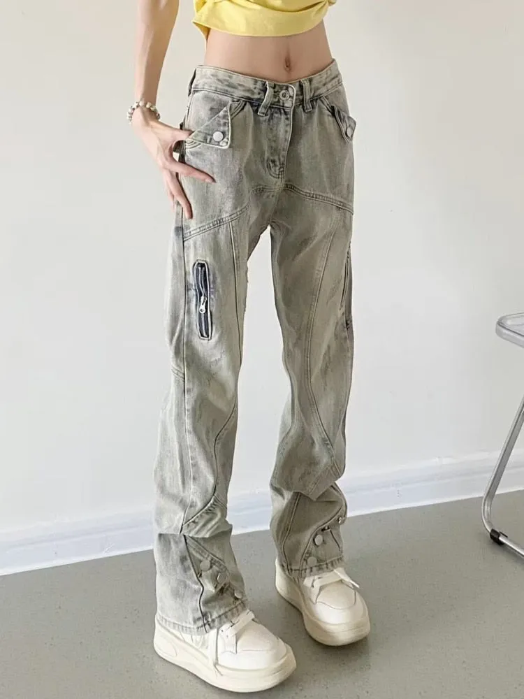 deanwangkt Yellow Mud Color Street Zippered Jeans  Women's High Street Trendy Straight Leg Pants  Slimming Micro Flared Pants