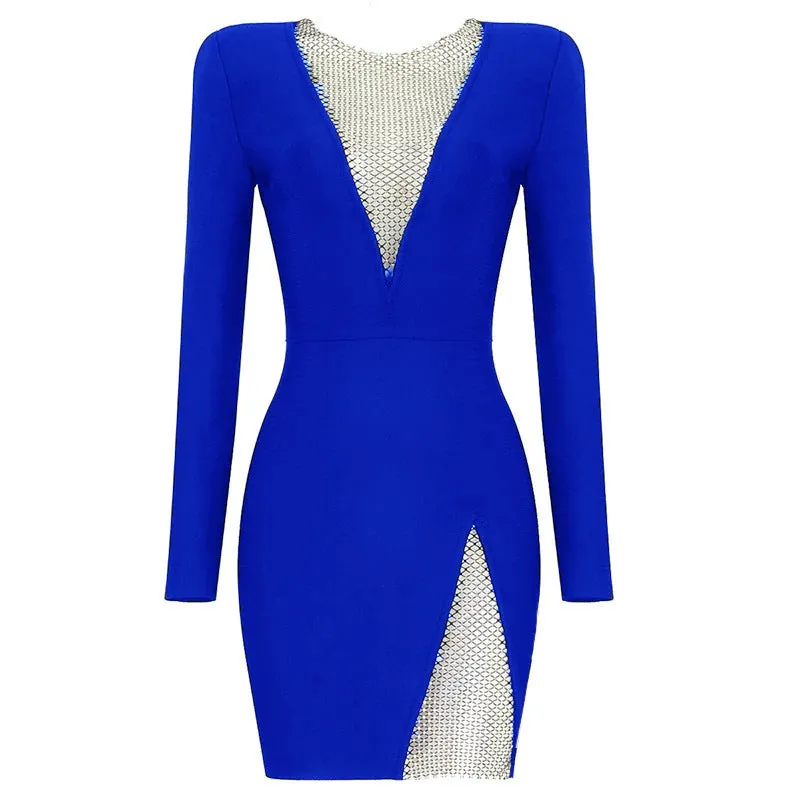 Design Shiny V-neck Rhinestone Slim Fit Slit Dress Niche Slimming Sheath Long Sleeve Bandage Dress Dress for Women