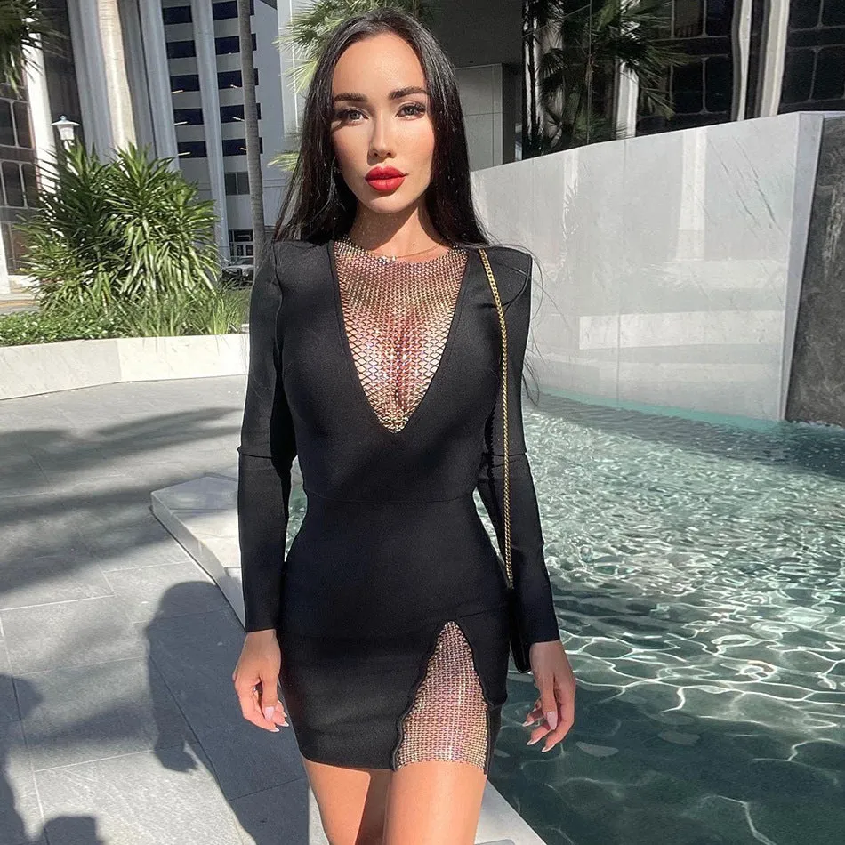 Design Shiny V-neck Rhinestone Slim Fit Slit Dress Niche Slimming Sheath Long Sleeve Bandage Dress Dress for Women