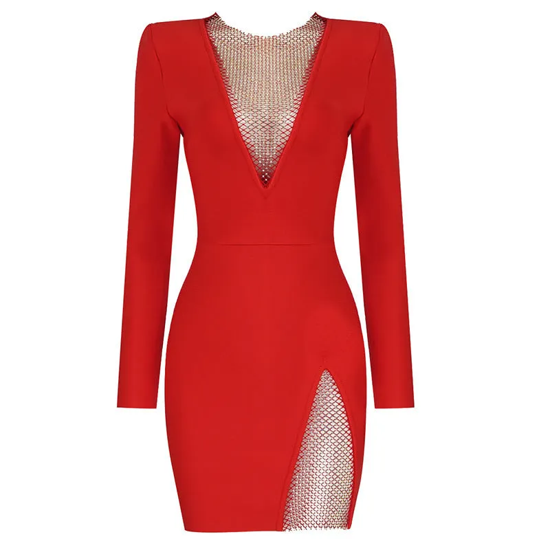 Design Shiny V-neck Rhinestone Slim Fit Slit Dress Niche Slimming Sheath Long Sleeve Bandage Dress Dress for Women