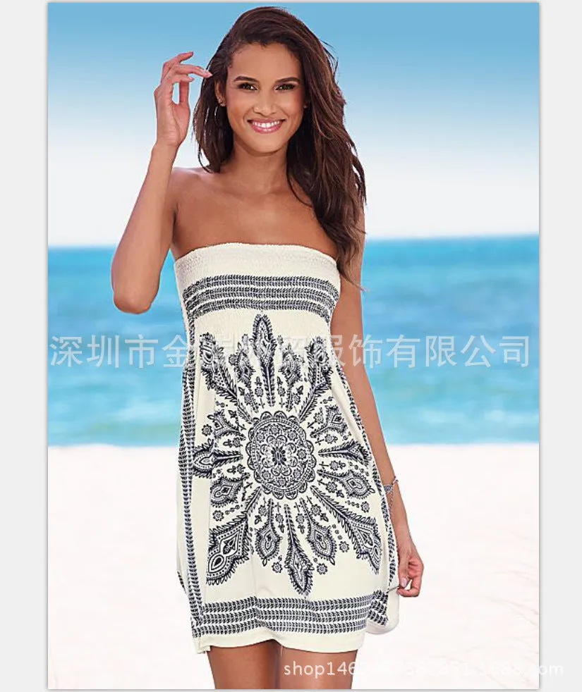 European and American Summer Sexy Fashion New Digital Positioning Printing Chest-Wrapped Dress Beach Dress Candy Color in Stock