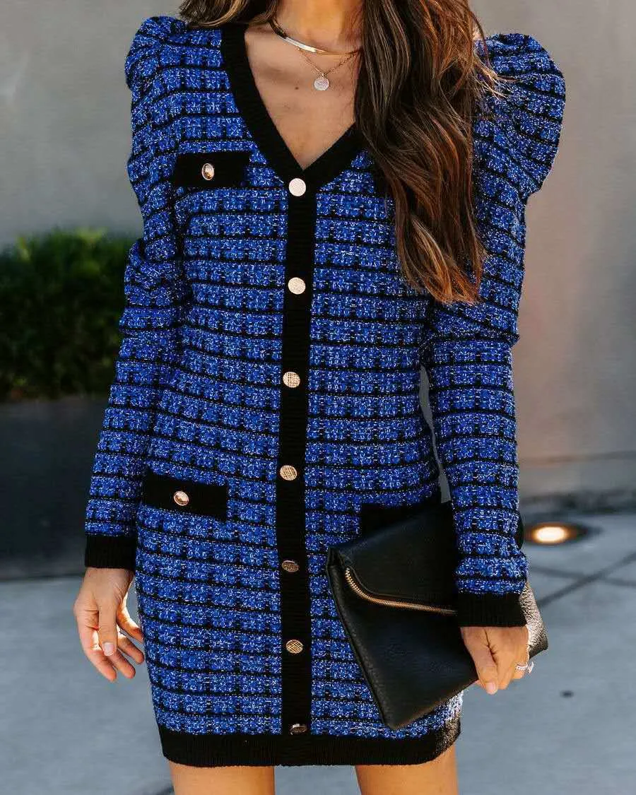 Fashionable Commuter Blue Plaid Cardigan Covered Hip Dress