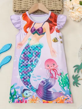 Girls Cartoon Mermaid Graphic Flutter Trim Crew Neck Knitted T-shirt Dress for Summer Party - Soft Slight Stretch Fabric, Machine Washable, Regular Fit, Portrait Pattern, Casual Style