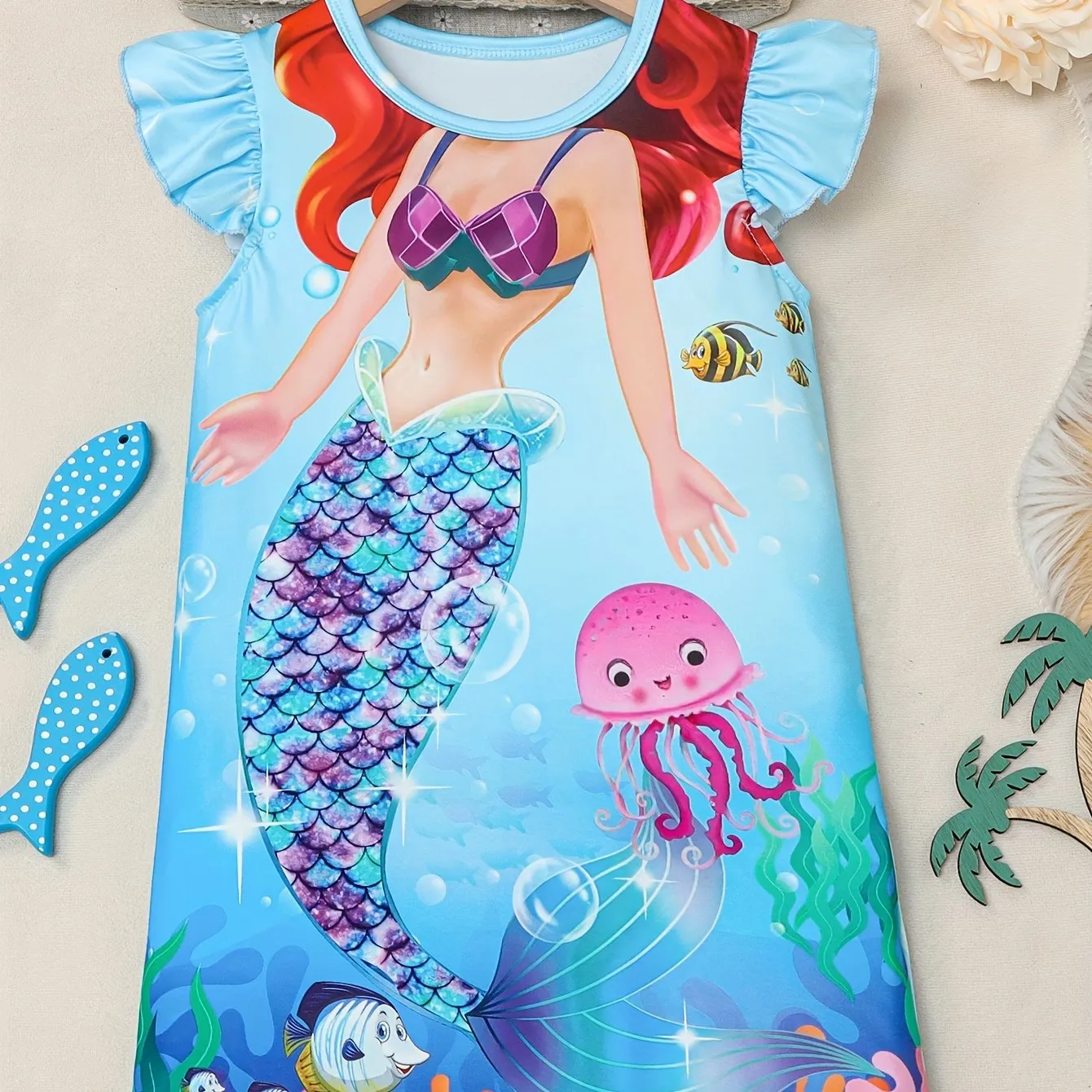 Girls Cartoon Mermaid Graphic Flutter Trim Crew Neck Knitted T-shirt Dress for Summer Party - Soft Slight Stretch Fabric, Machine Washable, Regular Fit, Portrait Pattern, Casual Style