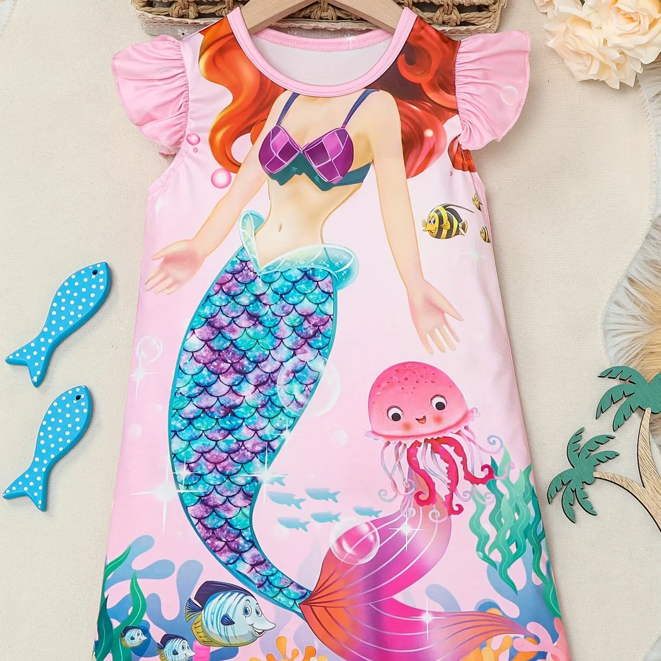 Girls Cartoon Mermaid Graphic Flutter Trim Crew Neck Knitted T-shirt Dress for Summer Party - Soft Slight Stretch Fabric, Machine Washable, Regular Fit, Portrait Pattern, Casual Style