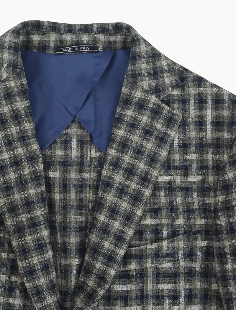 Grey Blue Shepherds Check Wool & Silk Blazer