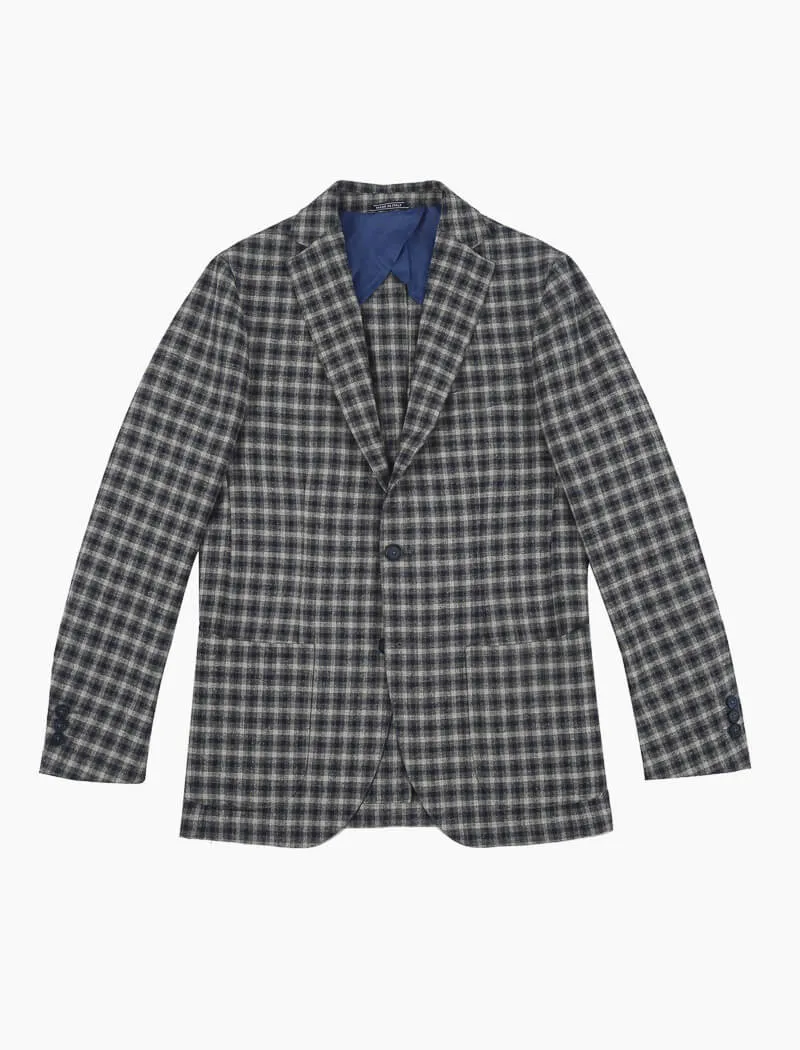 Grey Blue Shepherds Check Wool & Silk Blazer