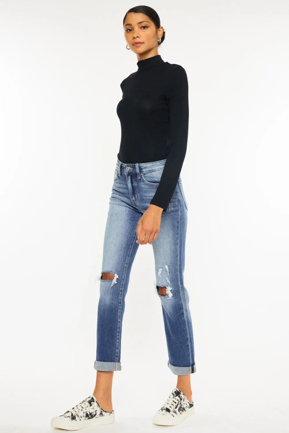 High Waist Distressed Hem Detail Cropped Straight Jeans