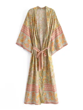 Long Length Beachwear Floral Print Yellow Color Cotton Gown Kimono