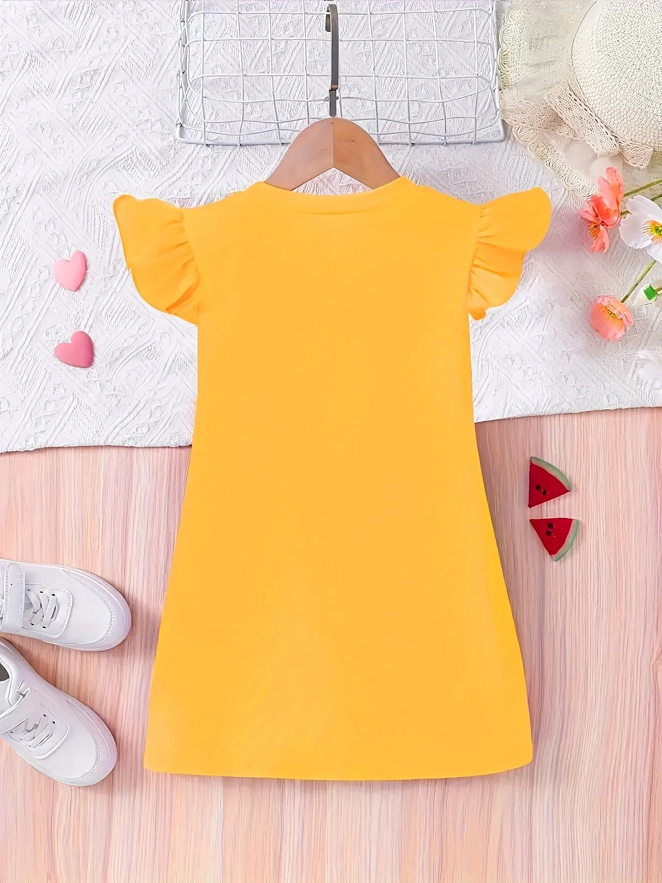 Midi Length Sleeveless Girls Cute Bee & Daisy Graphic Frill Sleeve T-Shirt Dress - Soft Slight Stretch Polyester Fabric, Crew Neck, Regular Fit, Casual Style - Perfect for Holiday, Going Out, Summer Gift