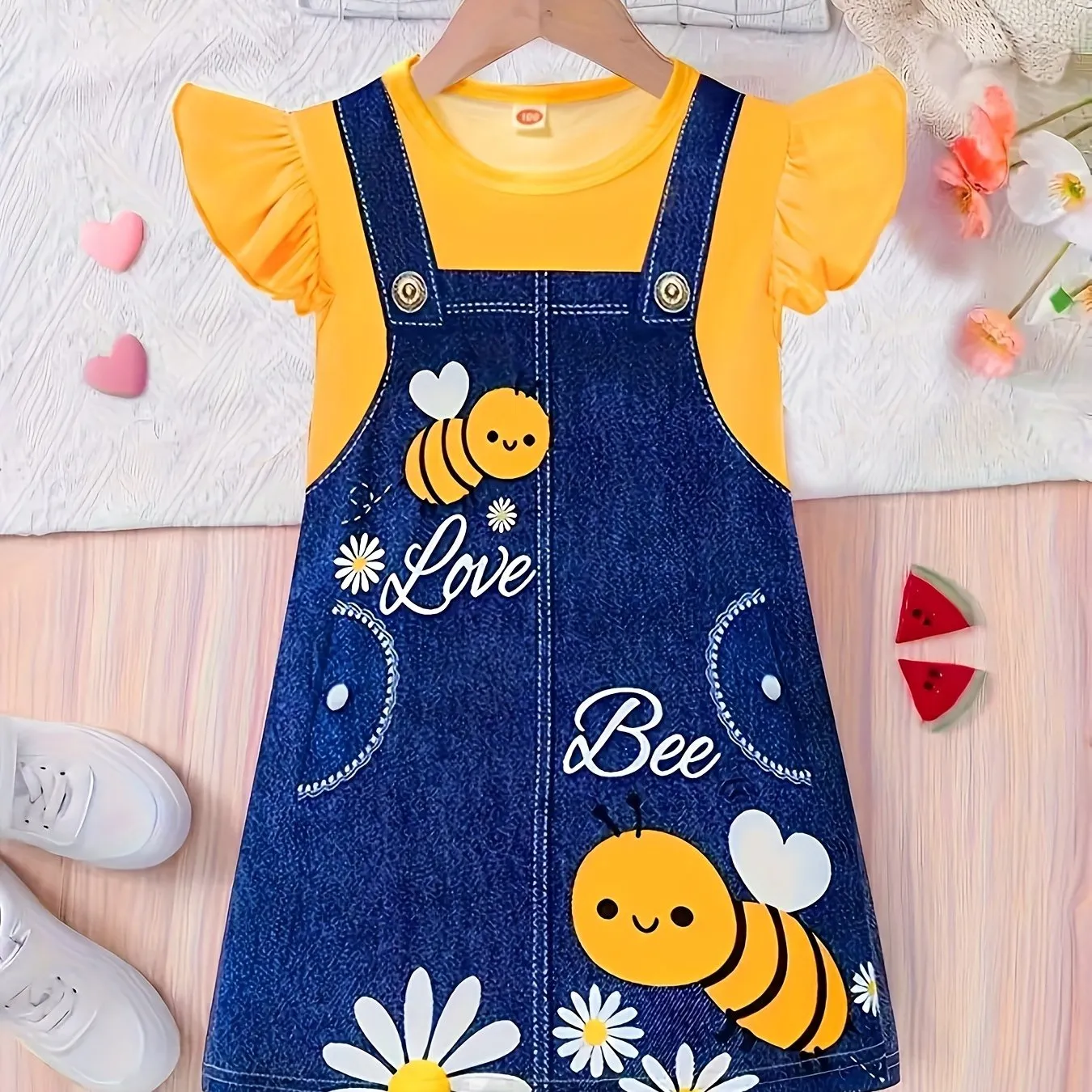 Midi Length Sleeveless Girls Cute Bee & Daisy Graphic Frill Sleeve T-Shirt Dress - Soft Slight Stretch Polyester Fabric, Crew Neck, Regular Fit, Casual Style - Perfect for Holiday, Going Out, Summer Gift