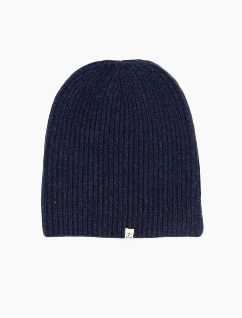 Navy Ribbed Wool & Cashmere Beanie