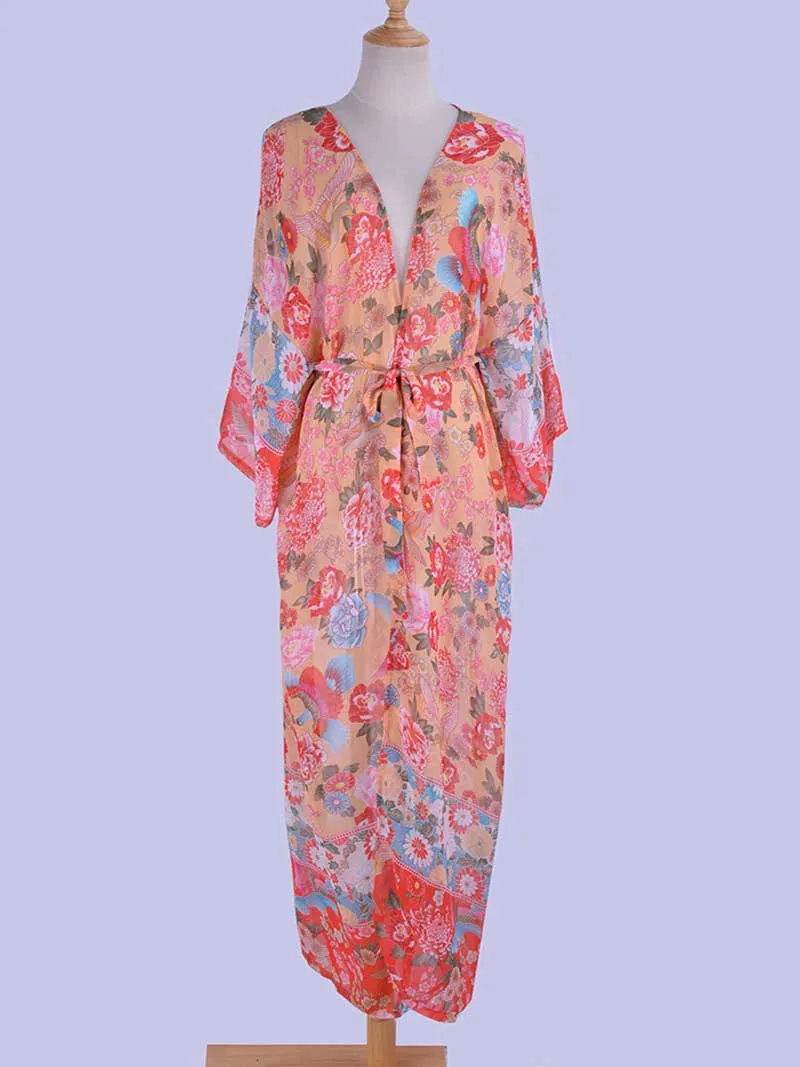 Nightwear Chiffon Floral Print Pink Color Long Length Gown Kimono Duster Robe