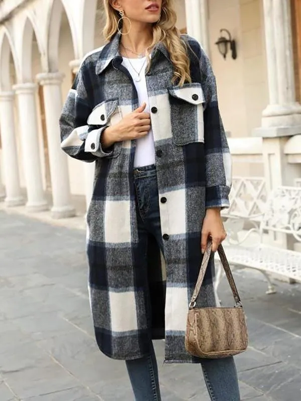 Plaid Pocket Drop Shoulder Slit Long Coat for Women