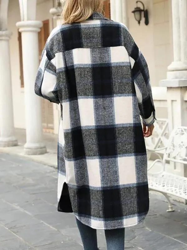 Plaid Pocket Drop Shoulder Slit Long Coat for Women