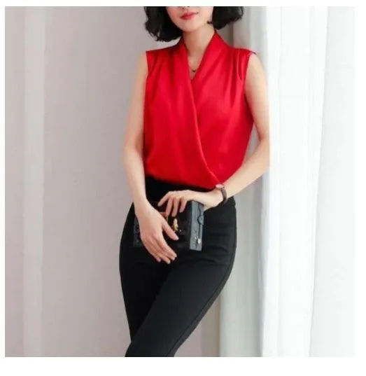 Real Shot Summer New Style Korean V-neck Satin Sleeveless Chiffon Vest Blouse Blouse Summer Dress