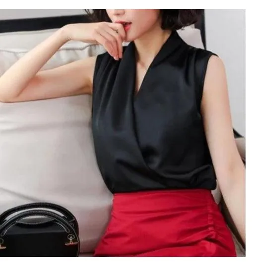 Real Shot Summer New Style Korean V-neck Satin Sleeveless Chiffon Vest Blouse Blouse Summer Dress