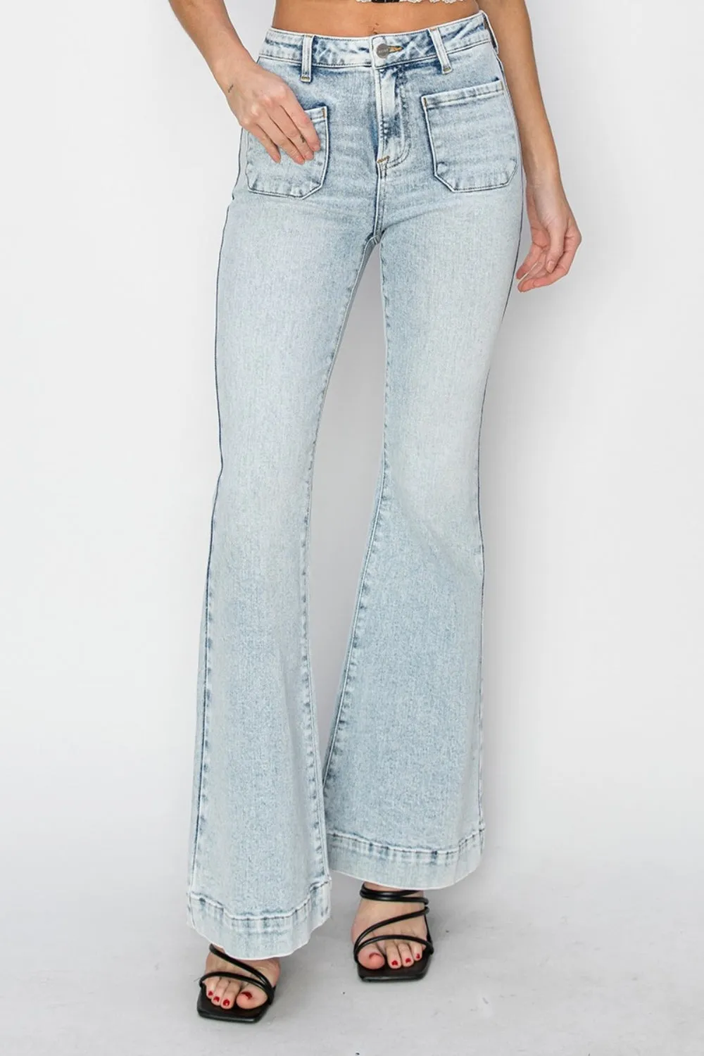 Risen Full Size High Rise Front Patch Pocket Flare Jeans