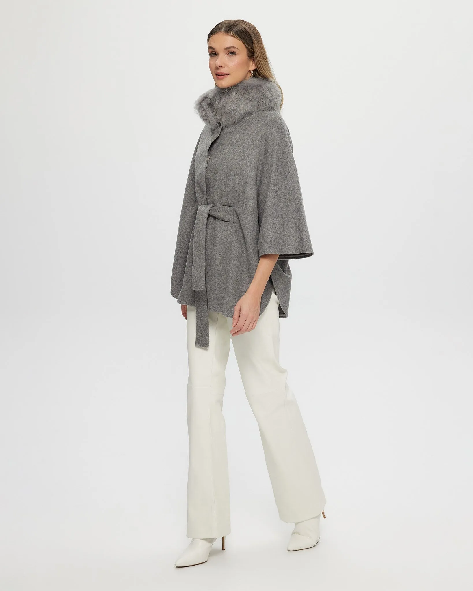 Select Wool Belted Cape with Toscana Shearling Lamb Collar