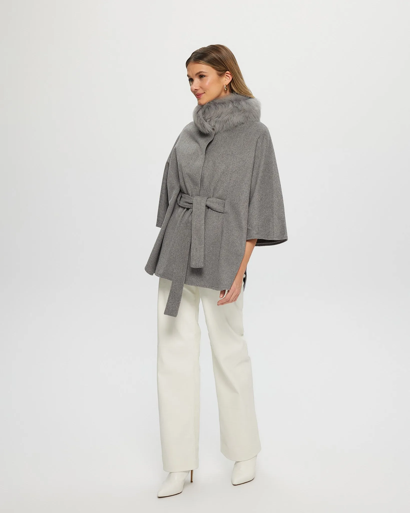 Select Wool Belted Cape with Toscana Shearling Lamb Collar