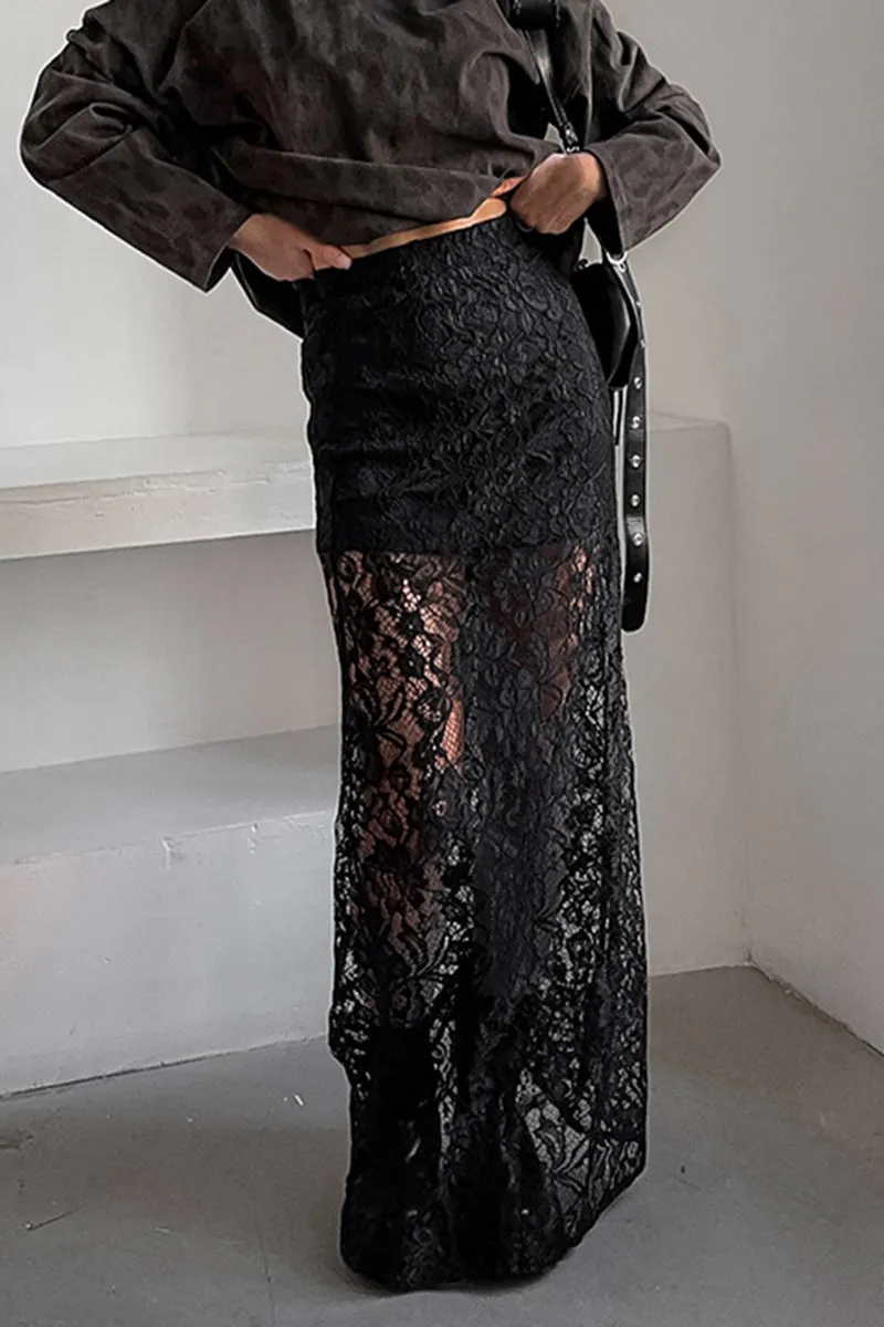 Sexy Solid Lace See-through Straight High Waist Solid Color Bottoms