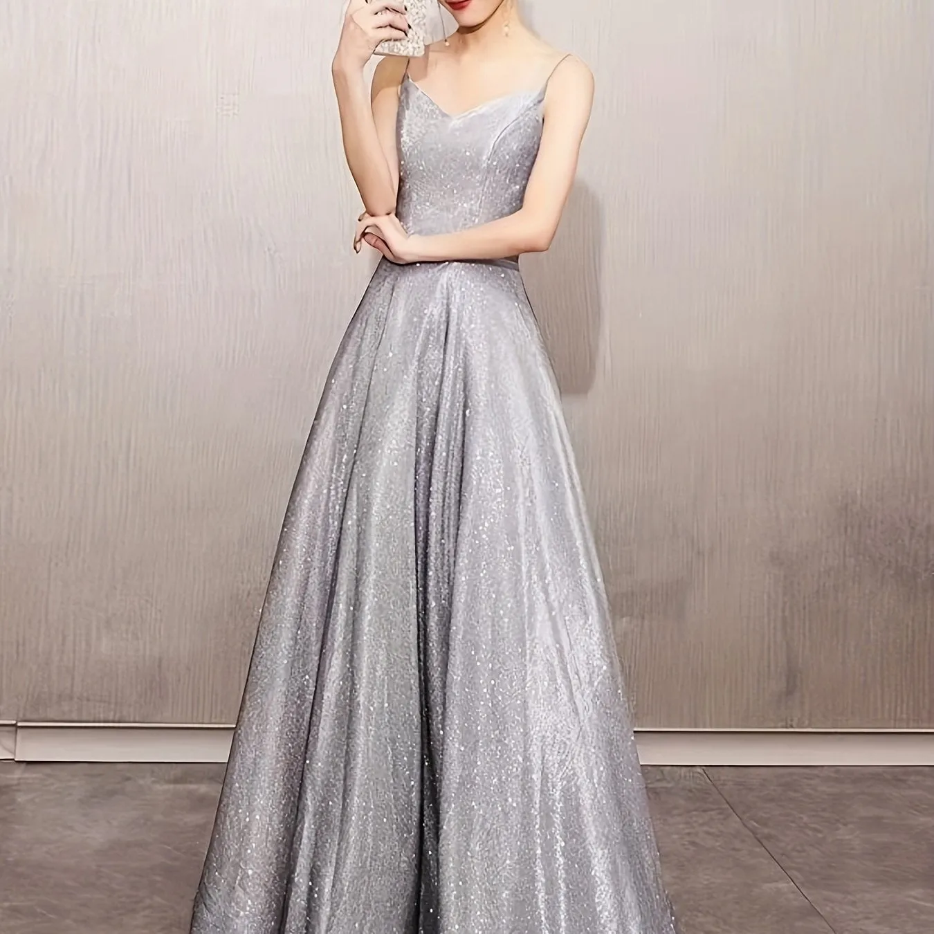 Sparkling V-neck Camisole Dress, Elegant Sleeveless Trumpet Shaped Swing Long Dress, Suitable For Parties And Banquets, Women's Clothing